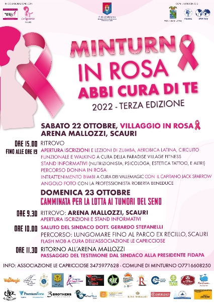 Weekend per la prevenzione a Scauri: 
- Sabato 22 il Villaggio in rosa all’Arena Mallozzi
- Domenica 23 la Camminata per la lotta ai tumori del seno sul Lungomare
