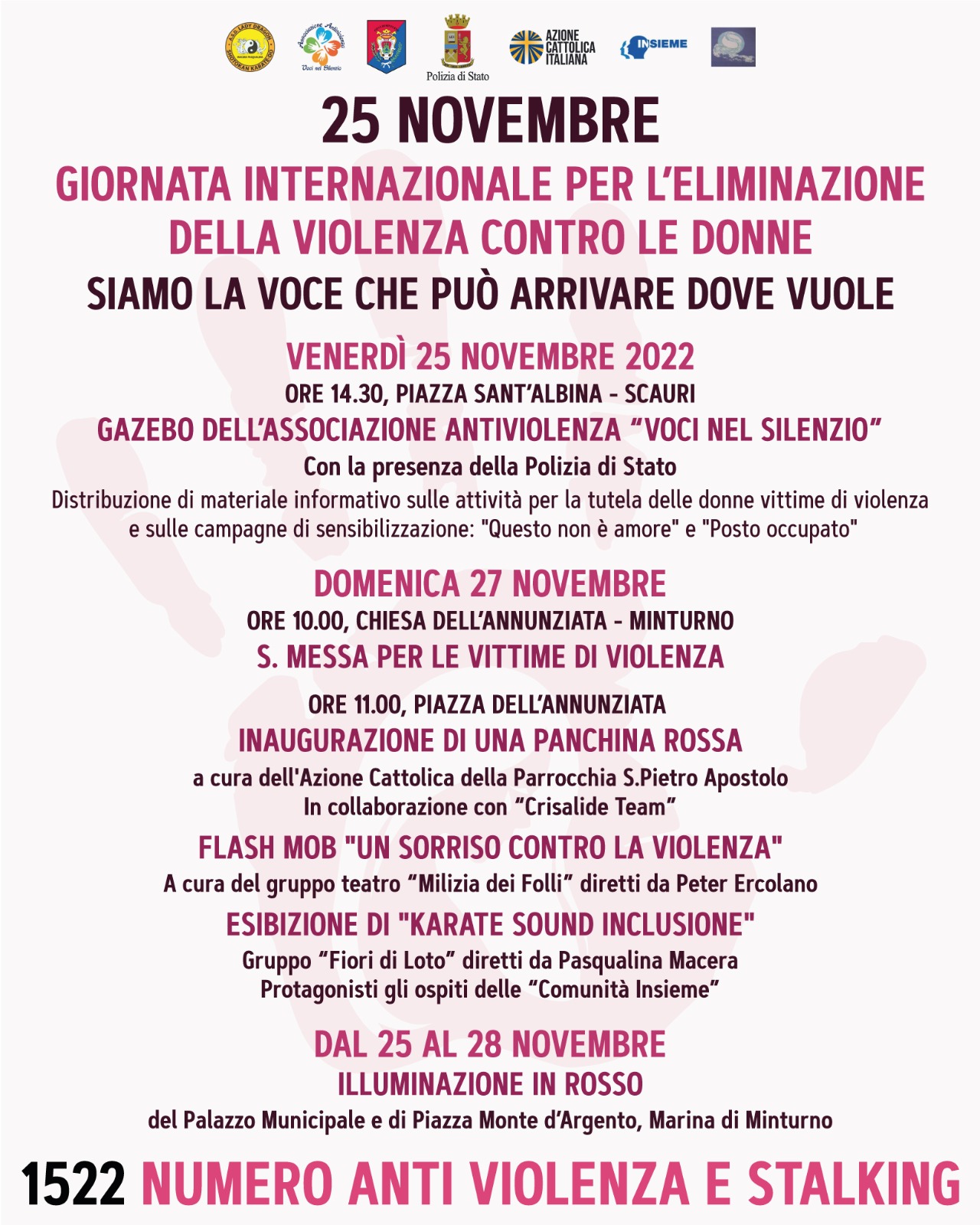 Giornata internazionale per l'eliminazione della violenza contro le donne - dal 25 al 28 novembre iniziative a Minturno