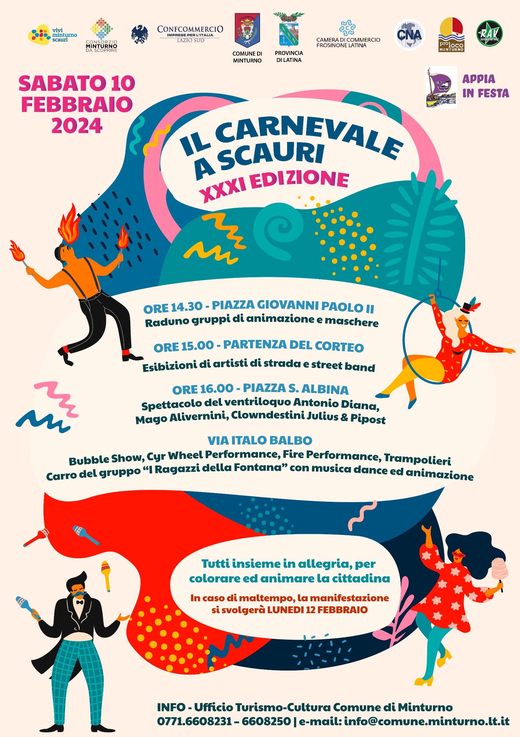 COMUNICATO STAMPA
02.02.2024
	
	
Progetto “Appia in festa”
Sabato 10 febbraio la sfilata per la XXXI edizione del “Carnevale a Scauri”