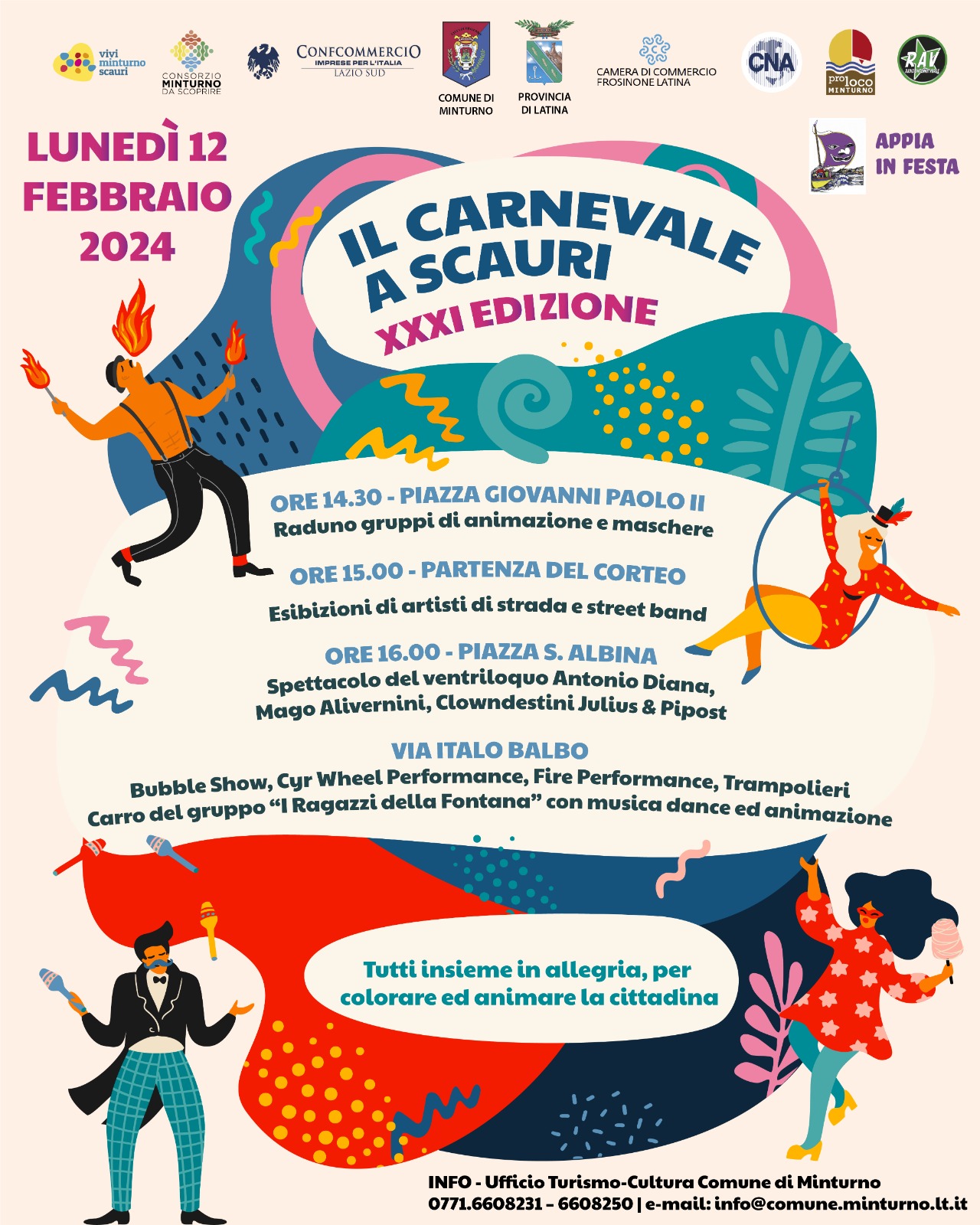 COMUNICATO STAMPA
08.02.2024
	
	
Rinviata a lunedì 12 febbraio 
la sfilata per la XXXI edizione del “Carnevale a Scauri”