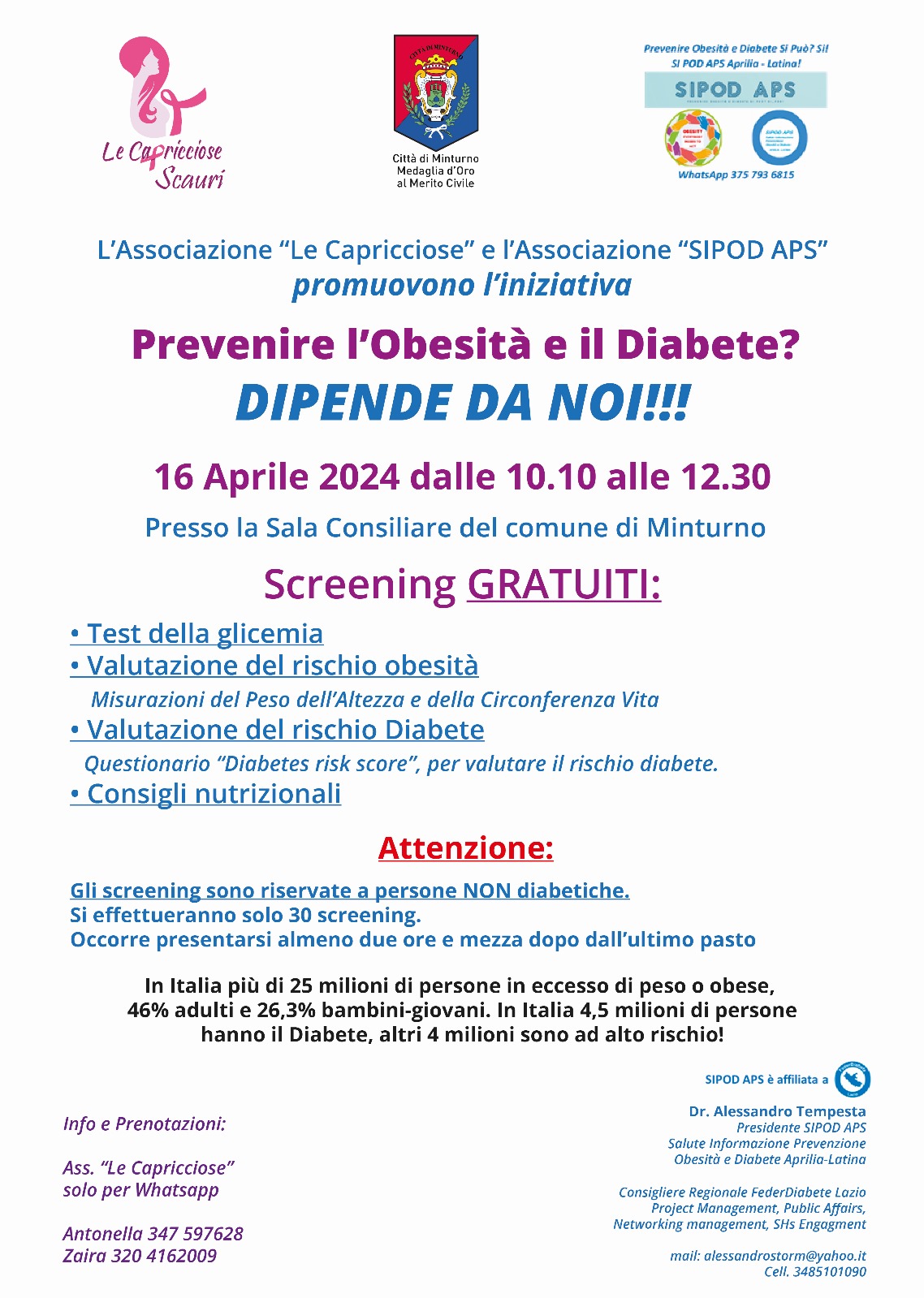 "Prevenire l'obesità e il diabete" martedì 16 aprile, dalle ore 10:00 alle 12 e 30, presso la Sala Consiliare del Comune di Minturno